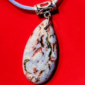 Gorgeous, Very Large, Tear-Drop Shaped Crazy Lace Agate Cabochon Necklace.